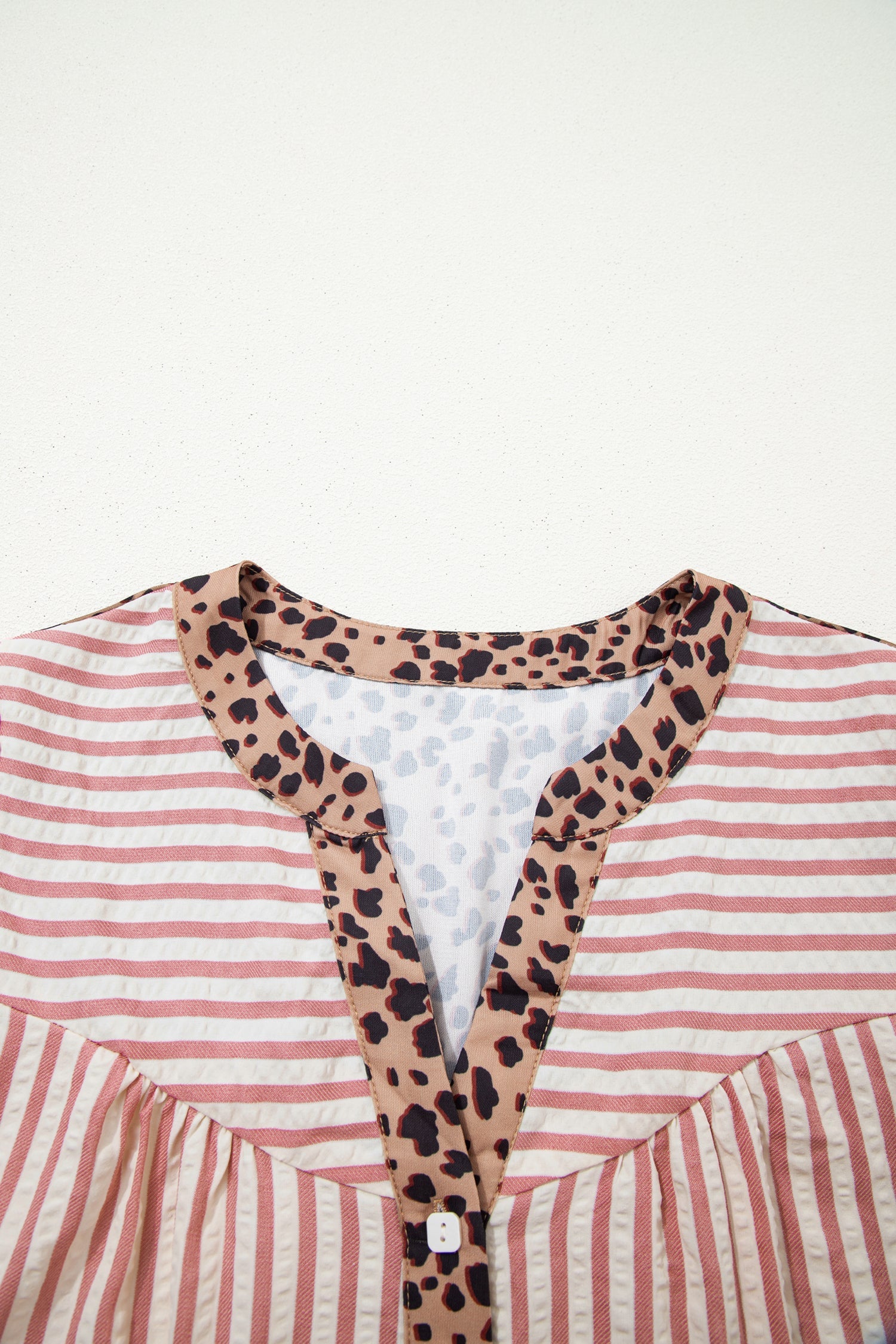 Stripe Square Button Leopard Trim Loose Bracelet Sleeve Shirt Dress in Pink