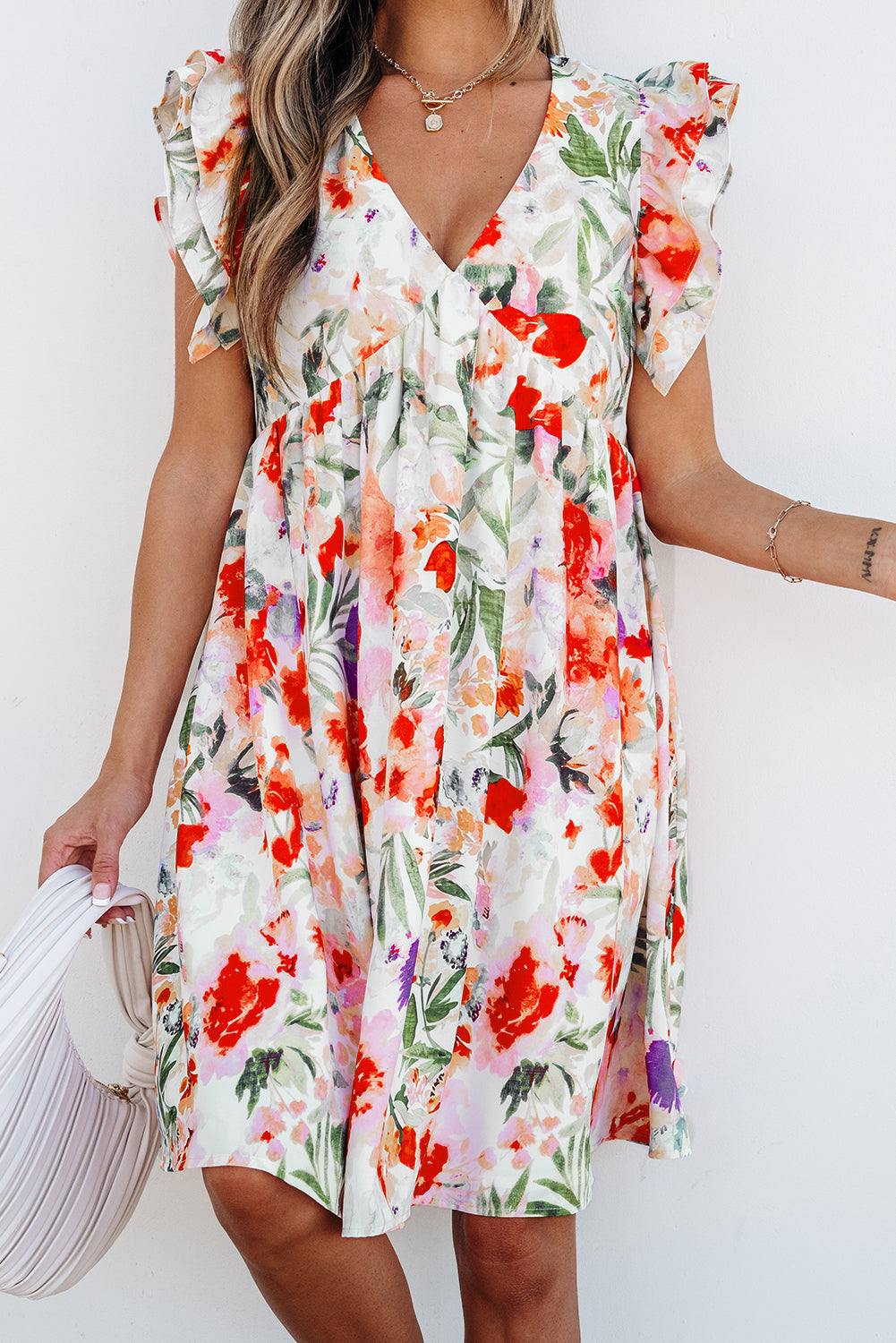 Floral Double Ruffle Sleeve V Neck High Waist Mini Dress