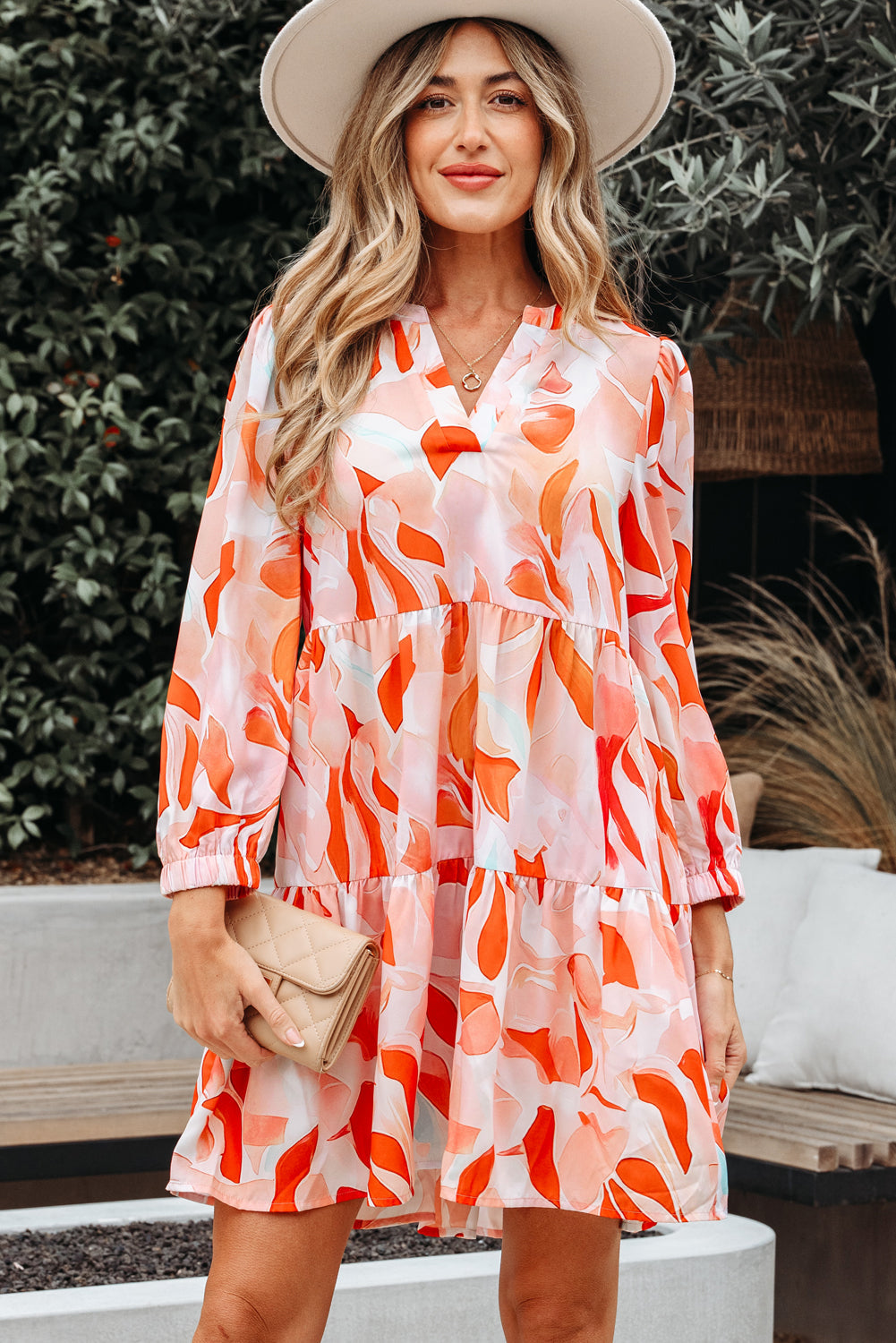 Abstract Print Split Neck Long-Sleeved Dress