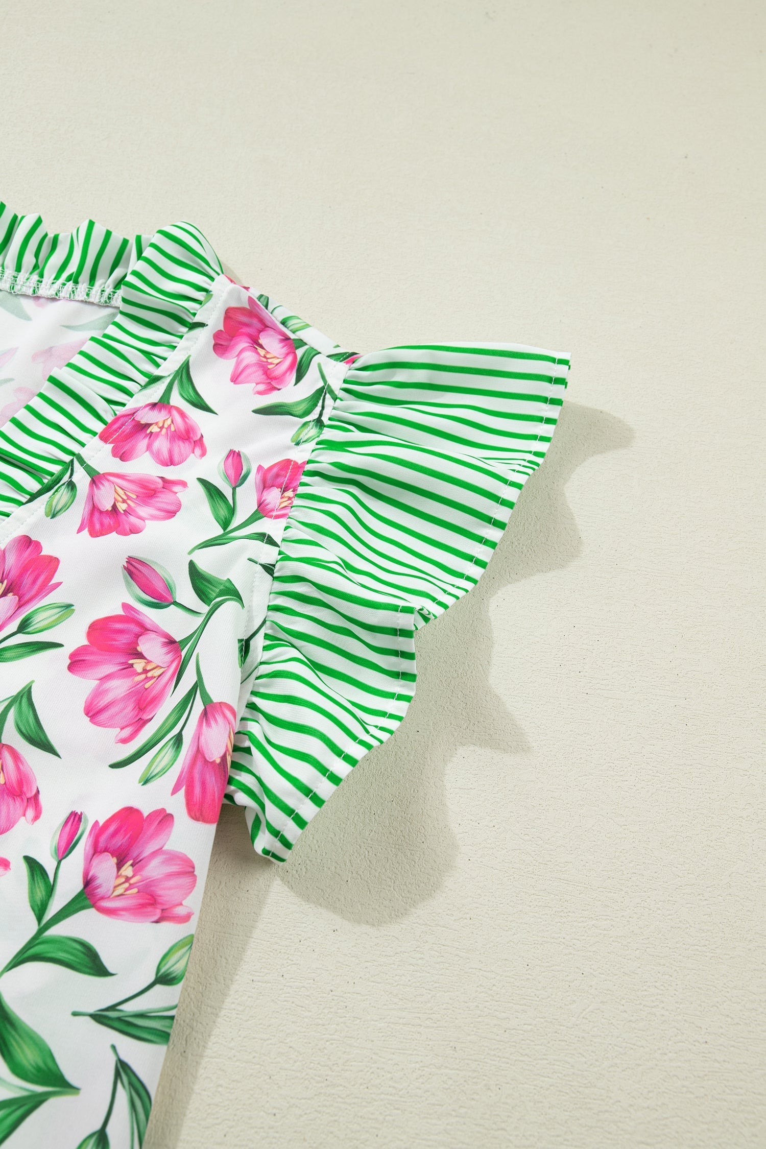 Sweet Floral-Print Striped Ruffle Trim V-Neck Blouse in Multicolour
