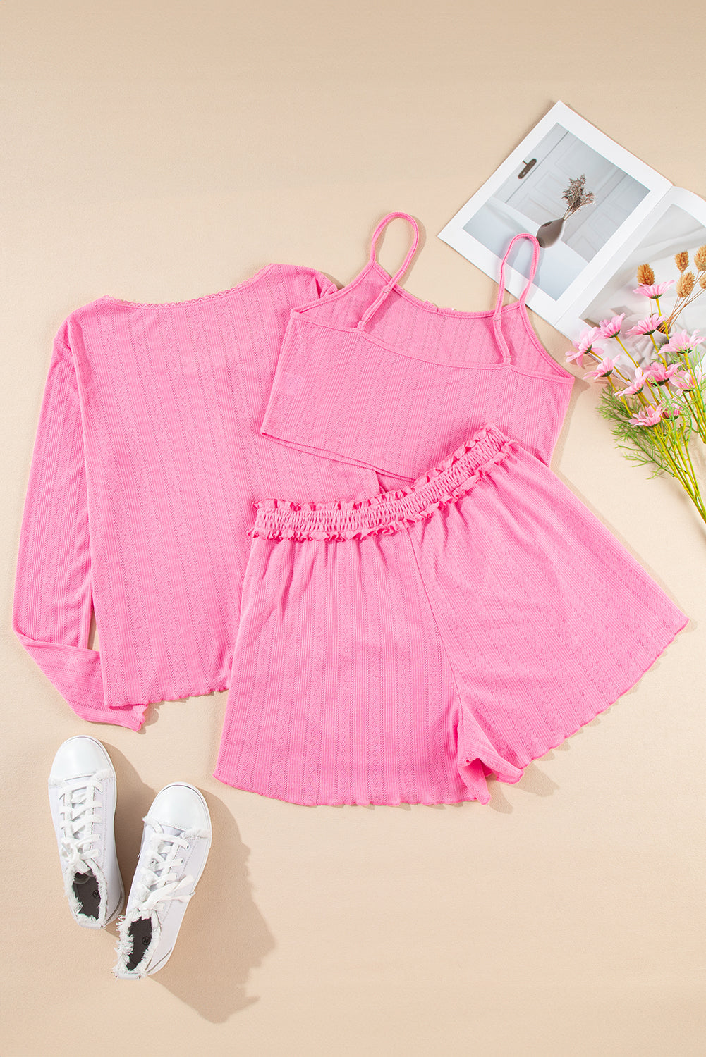 Cropped Delicate Texture Cami Shorts and Cardigan 3pcs Lounge Set
