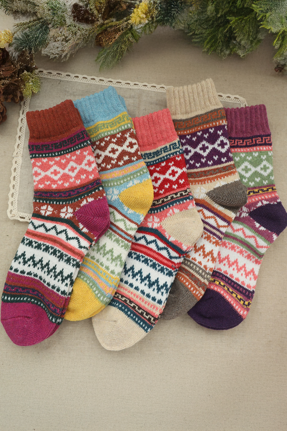 5pcs/Set Soft Bohemian Pattern Crew Socks