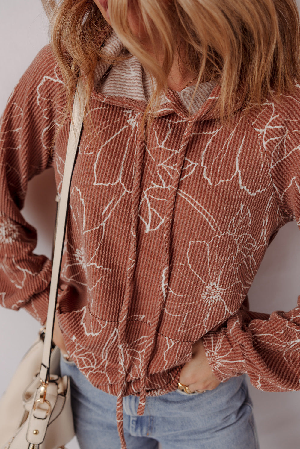 Rib Floral Twisted Drawcord Kangaroo Pocket Hoodie