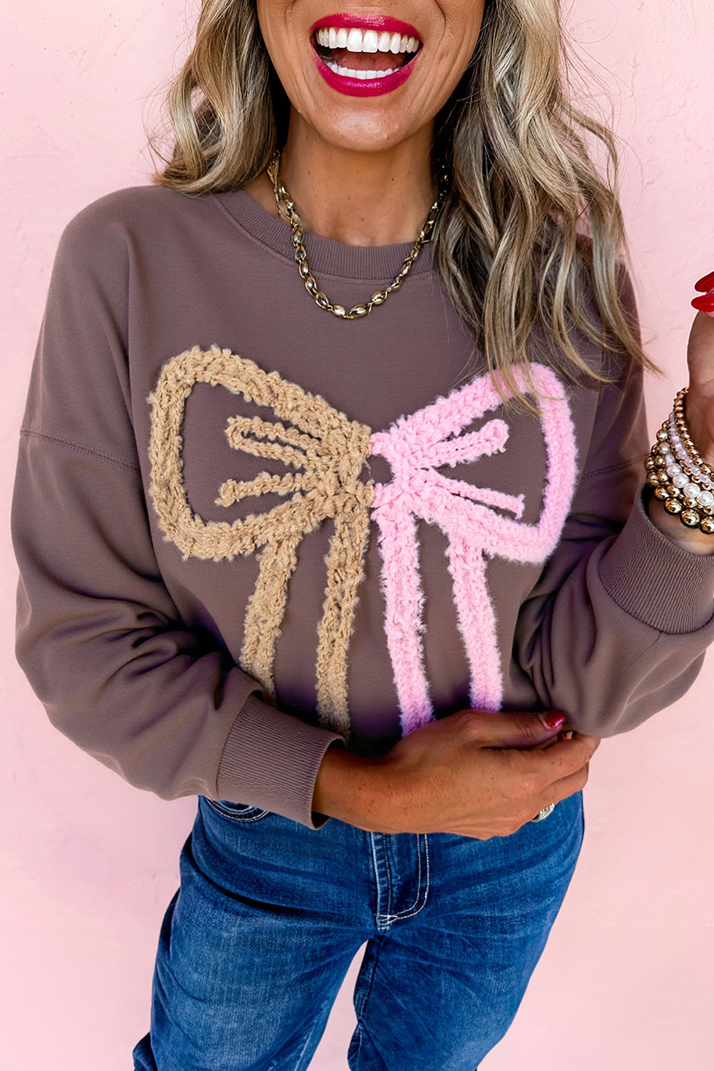 Terry Bow Contrast Bow Pattern Drop-Shoulder Sweatshirt