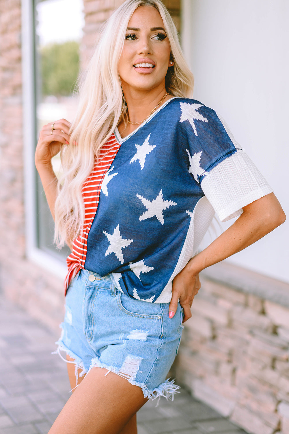 Women's Short Sleeves Stripes Knitted Top