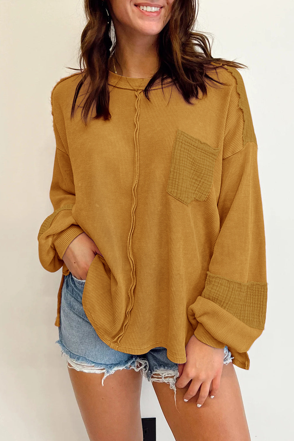 Women's Knit Top Featuring Bubble Sleeve Waffle