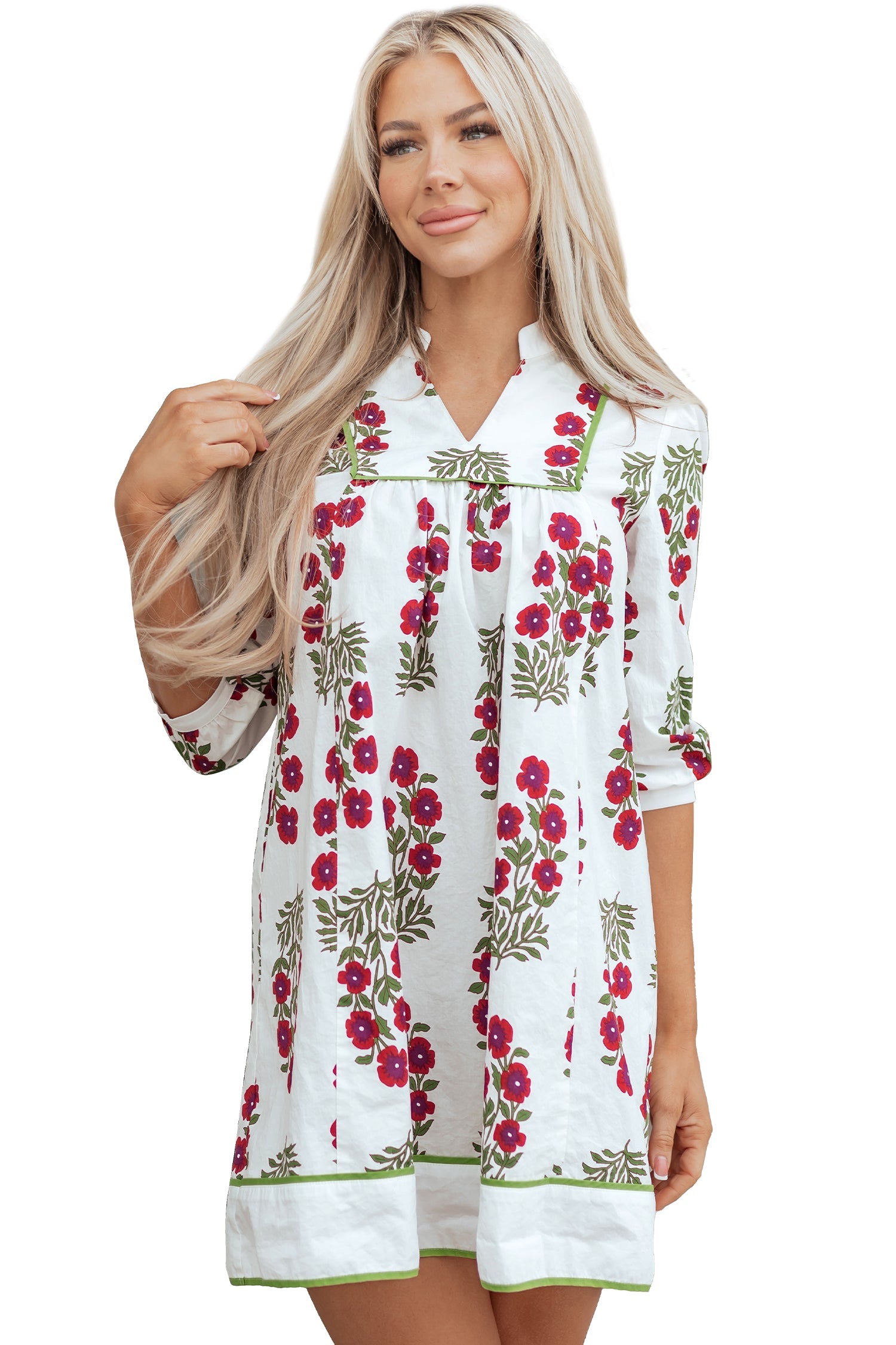 Frilled Sleeve V-Neck 3/4 Loose Floral Dress in White
