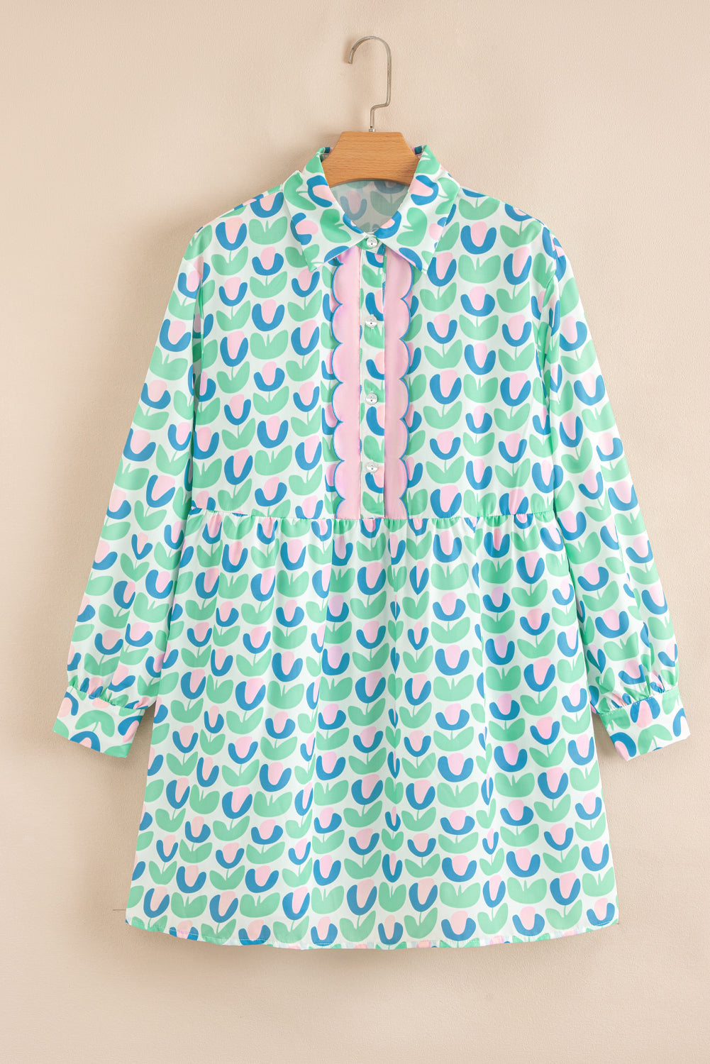 Floral-Print Scalloped Notched Neck Detail Long-Sleeved Mini Dress