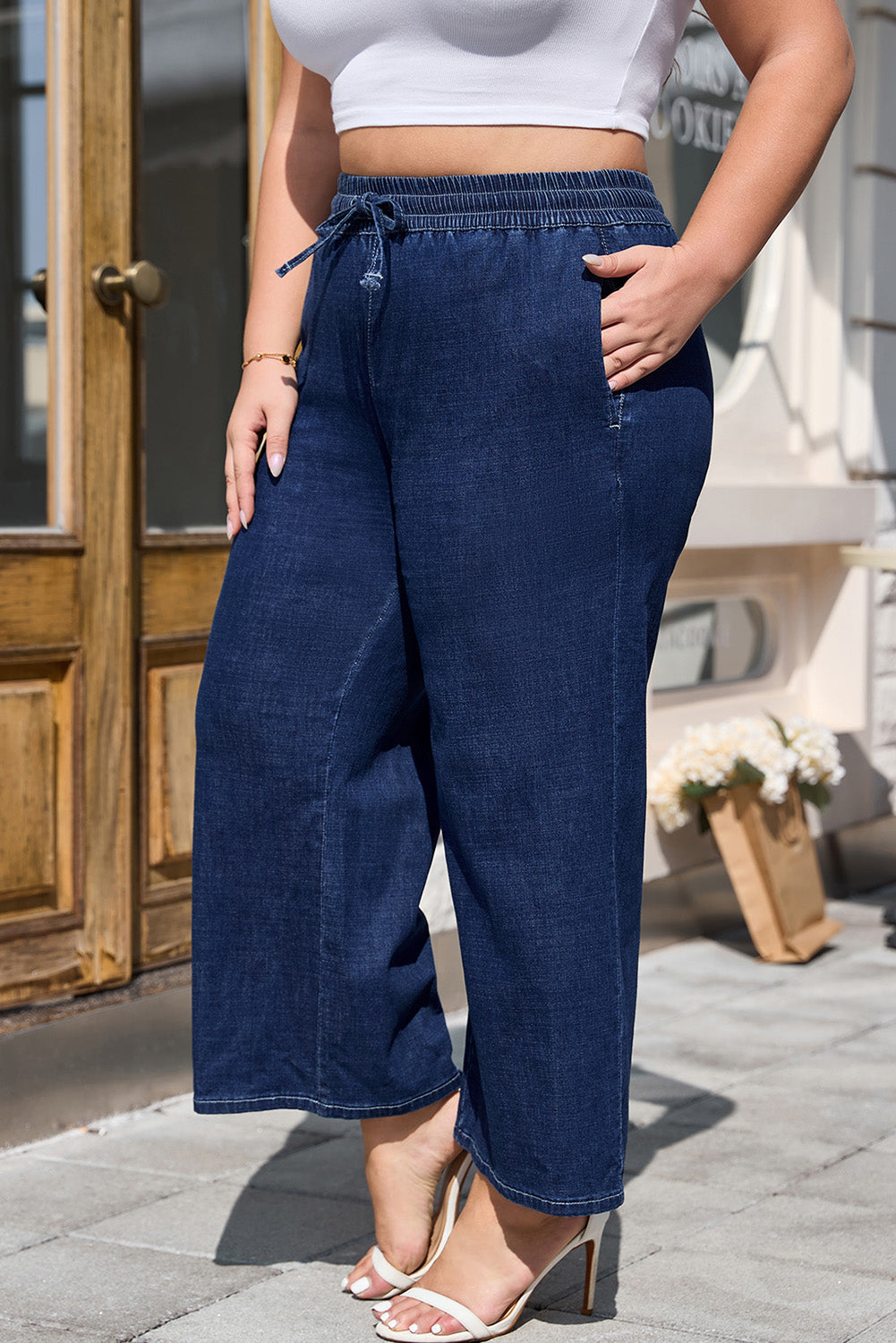 Plus High-Waisted Size Drawcord Wide-Leg Everyday Jeans in Real Teal