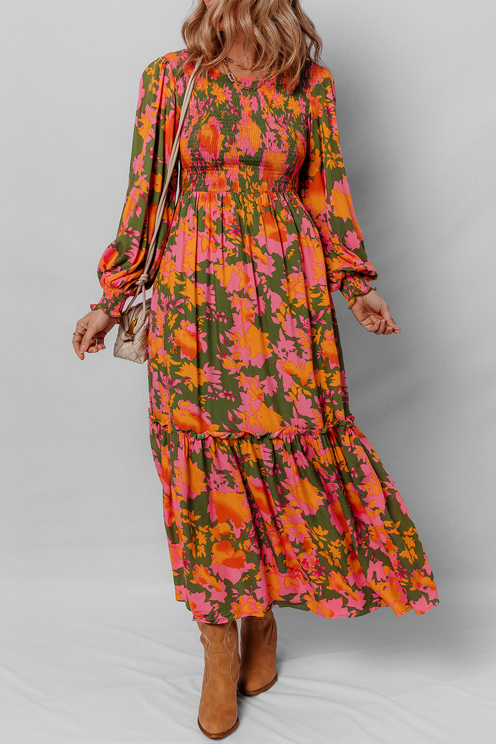 Sleeve Floral Puff Smocked Bodice Ruffled Long Dress