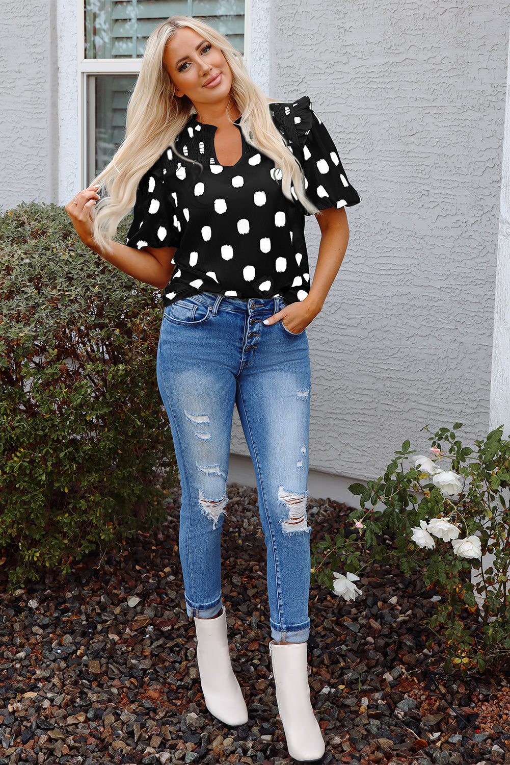 Polka Dot Print Shirred Yoke Notched Neck Blouse