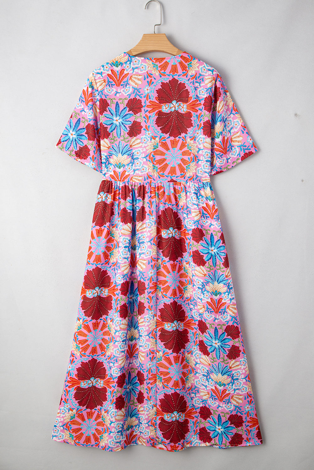 Floral Tied Front High-Waisted Short-Sleeved Loose Long Dress