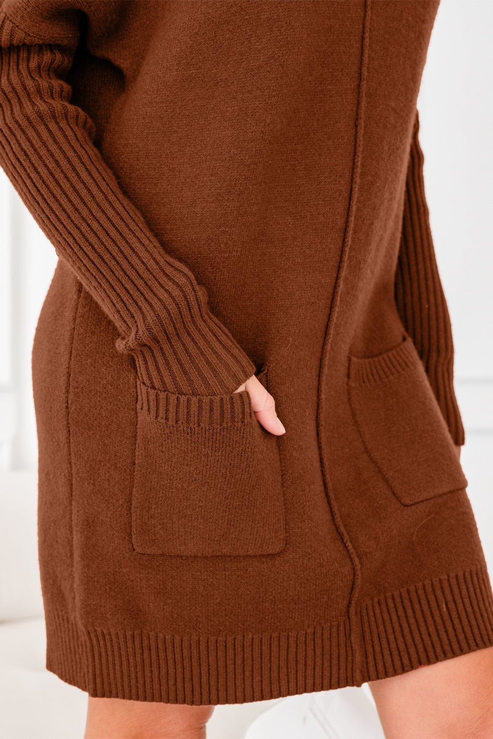 Neck Rib-Knit High Front Pockets Center Seam Shift Knit Top Dress