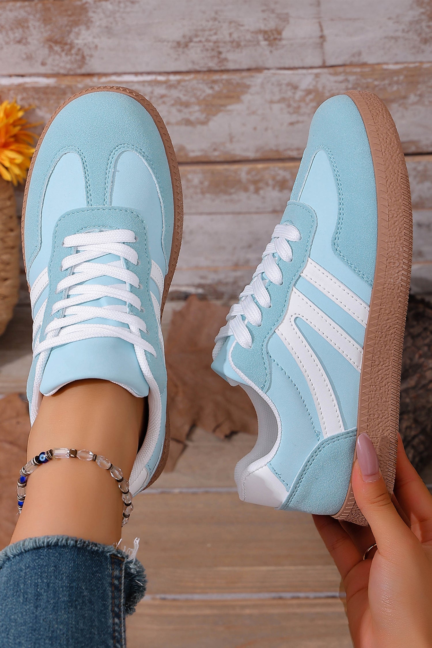 Dusk Blue Faux Suede PU Leather Colorblock Patchwork Lace-up Shoes