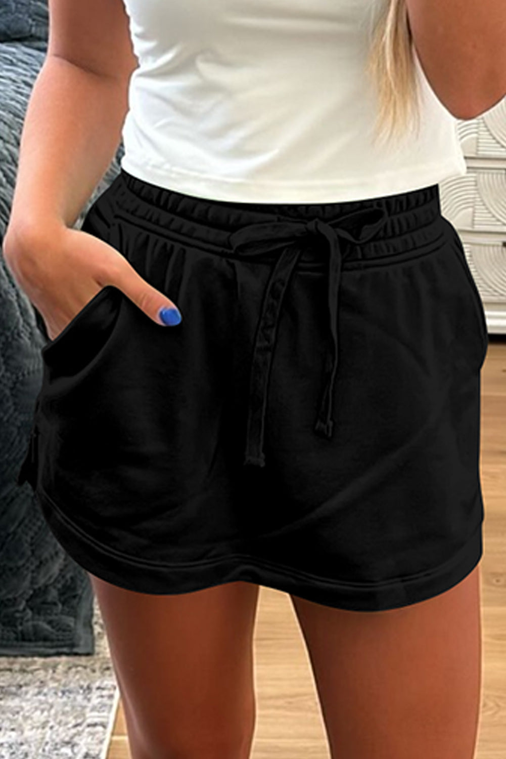 Terry Drawcord French Drawcord Elastic Waistband Mini Skort in Black