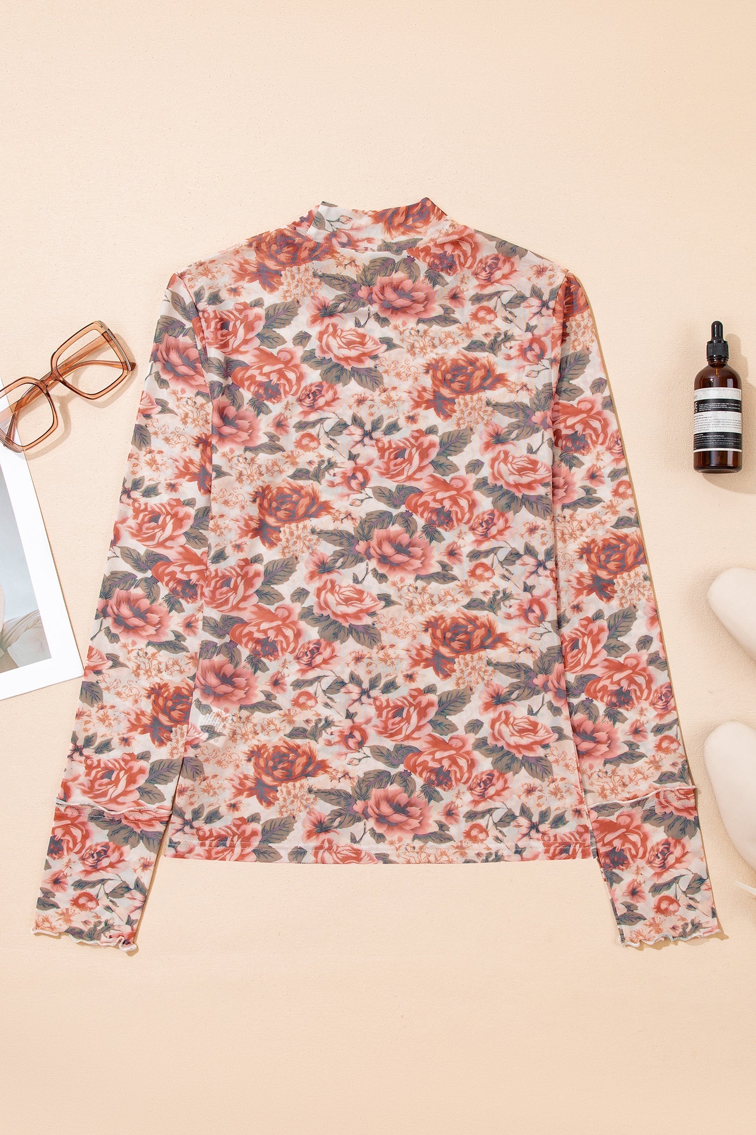 Mock-Neck Retro Floral-Print Mesh Long-Sleeved Top