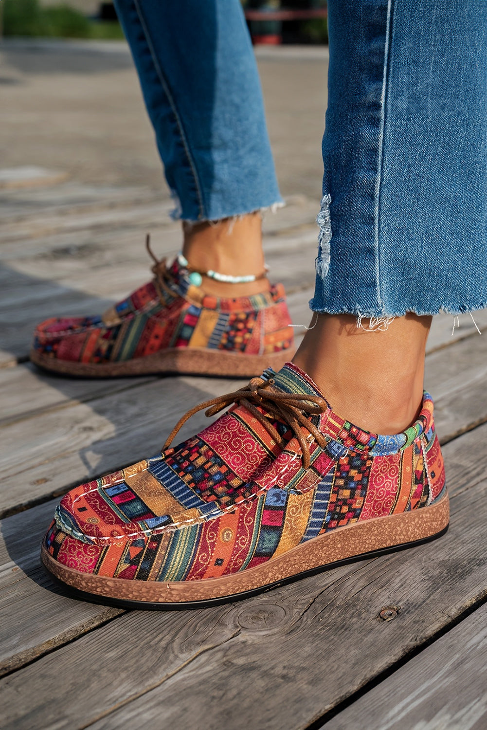Print Faux Western Faux Suede Lace-up Decor Slip On Shoes