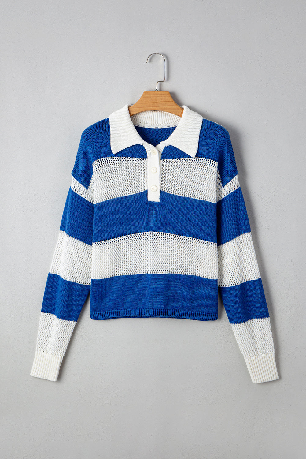 Colorblock Polo Collar Eyelet Crochet Knit Knit Top