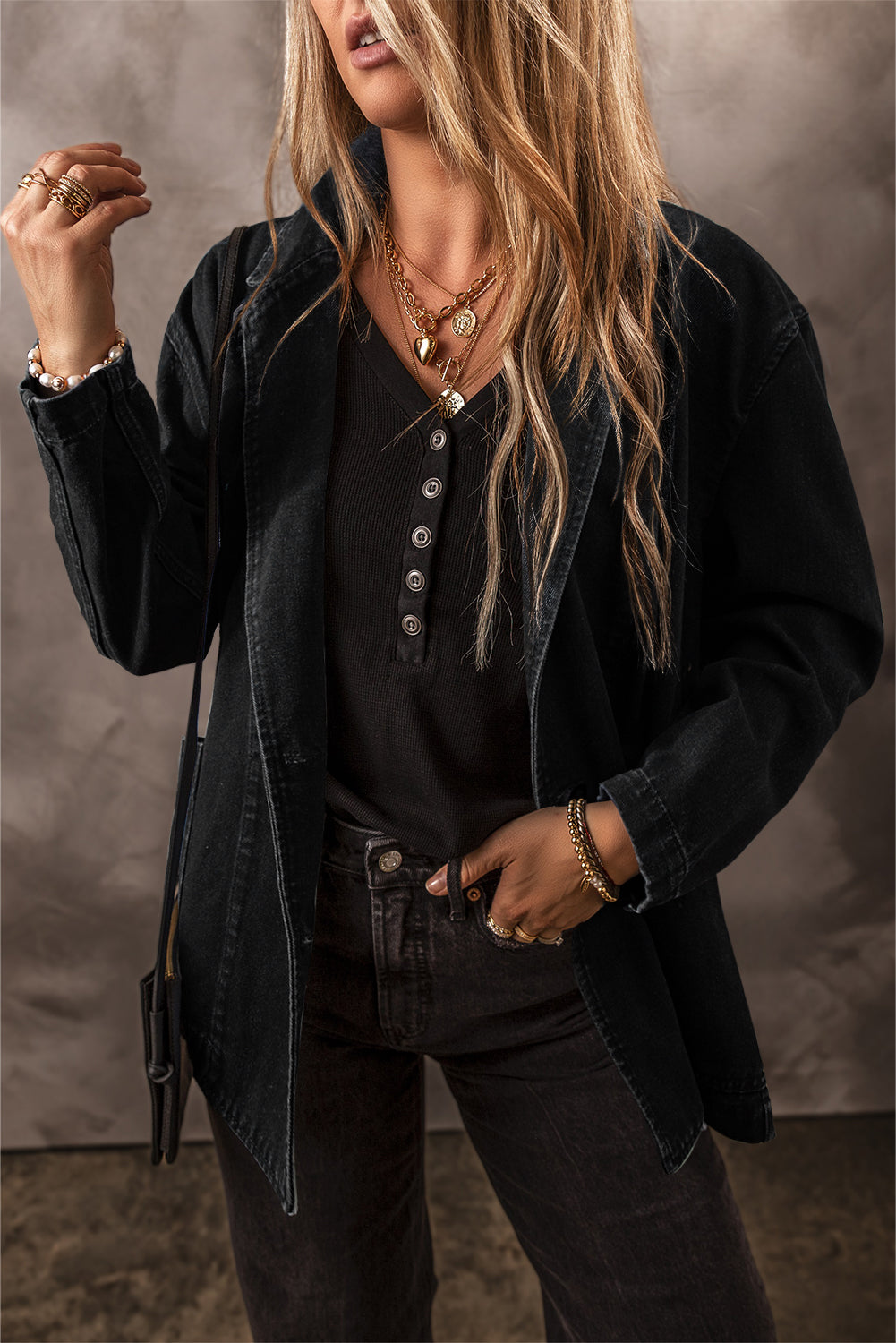 Denim Jacket with Side Pockets Lapel Collar