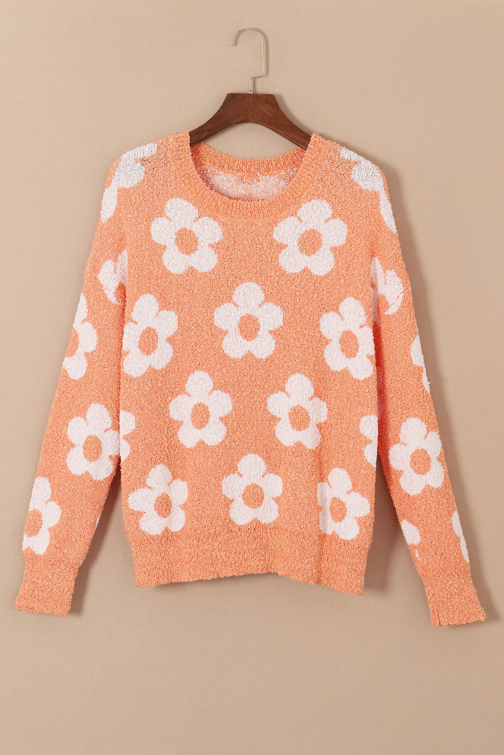 Sweater for Women Dropped-Shoulder Fuzzy Floral-Print Knitted