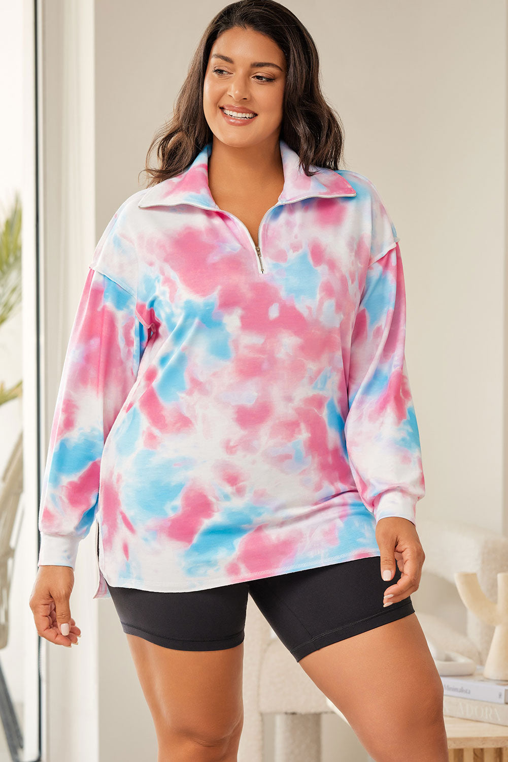 Sweat-shirt Multicolore à Col Zippé Tie-Dye de Grande Taille