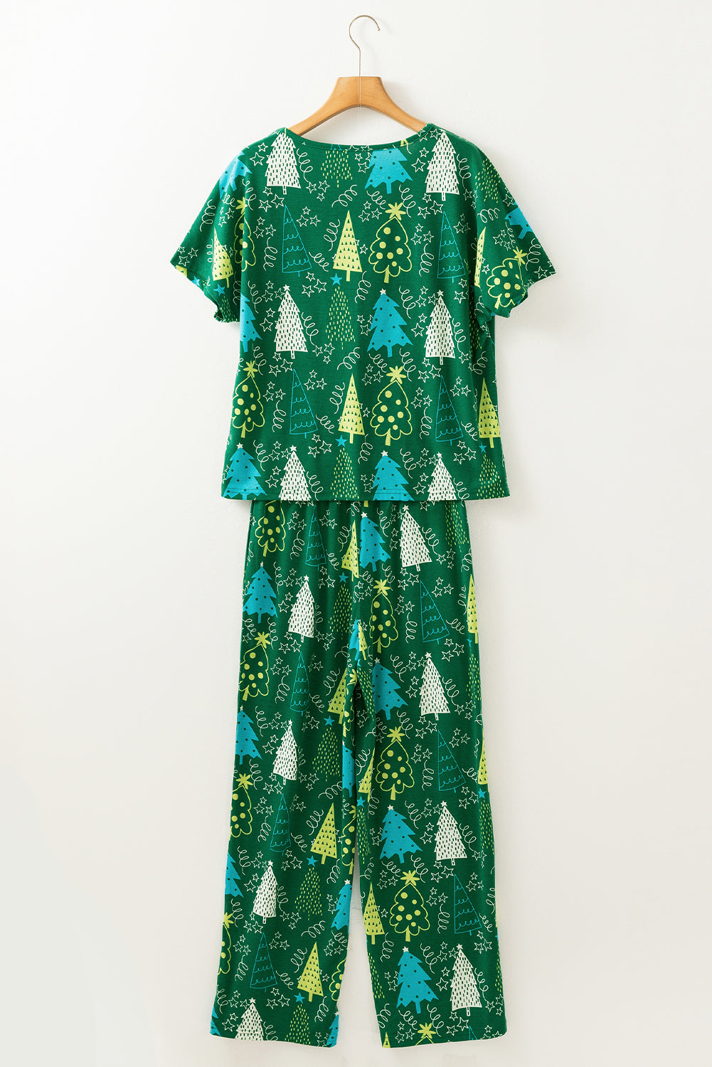 Tree Print Christmas Print V-Neck Tee and Pants Lounge Set