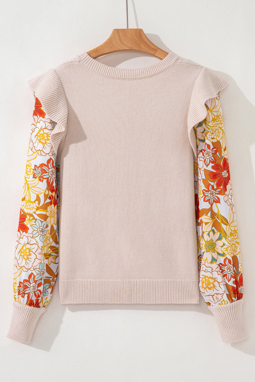 Ruffle Cable Knit Detail Contrast Floral Sleeve Patchwork Knit Top