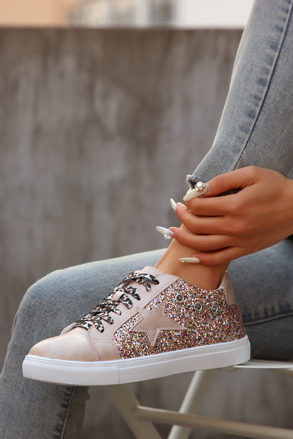 Patchwork Star Sequin Leopard Lace-up Shoes