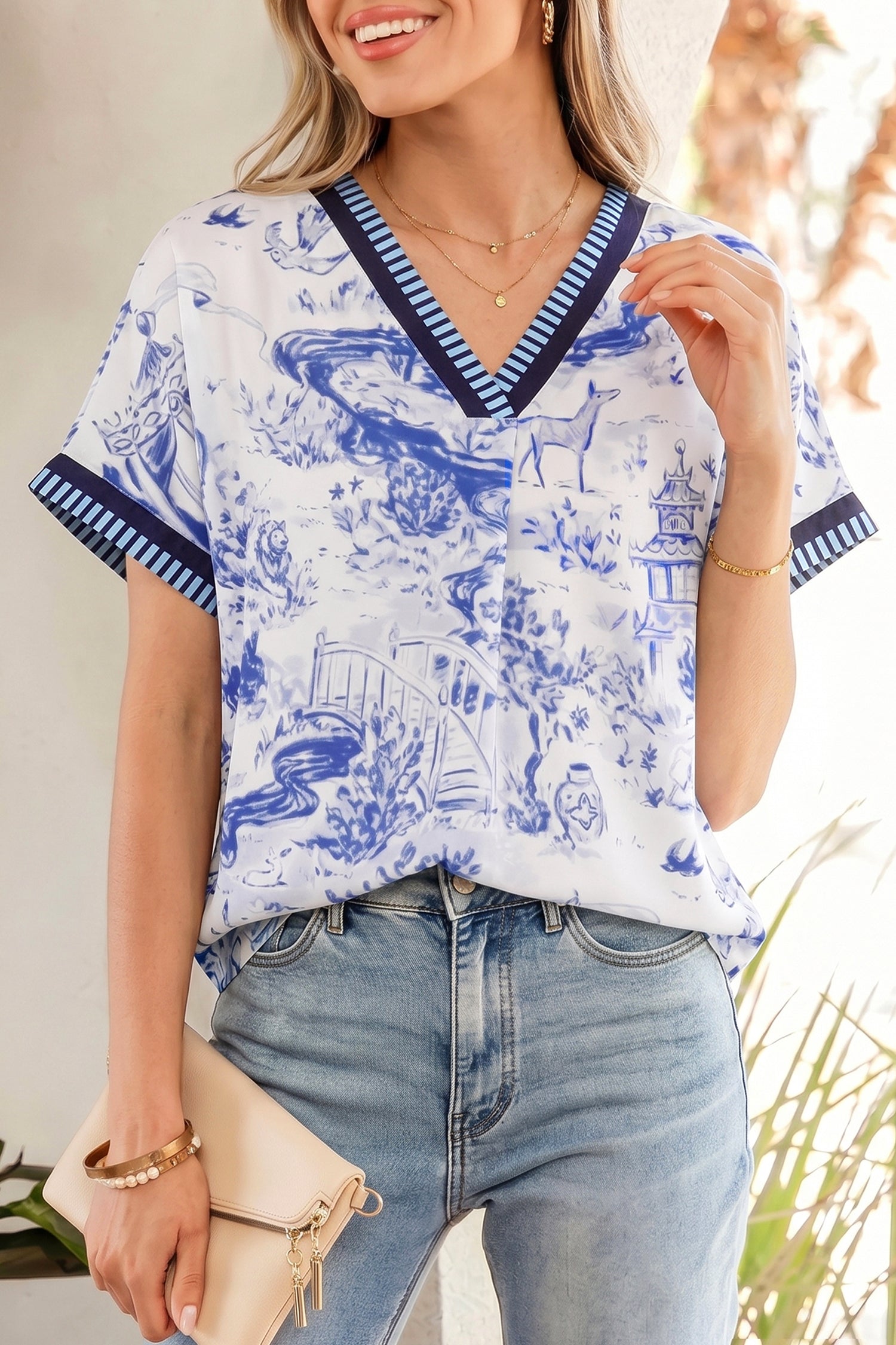 Animal Paradise Wild Paradise Striped Trim V-Neck Short-Sleeved Blouse in Blue