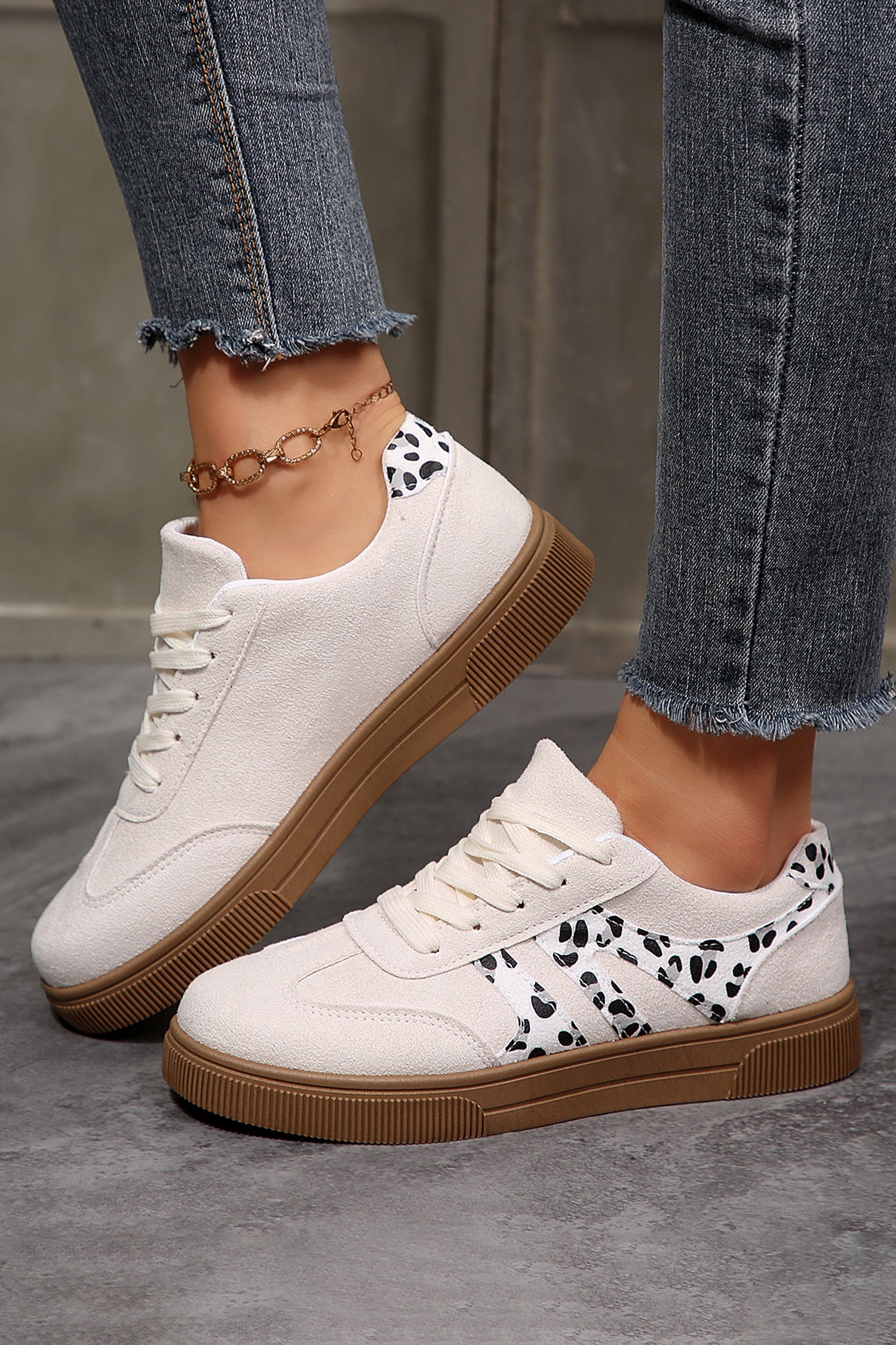 Suede Leopard Colorblock Trim Lace-up Everyday Shoes in White