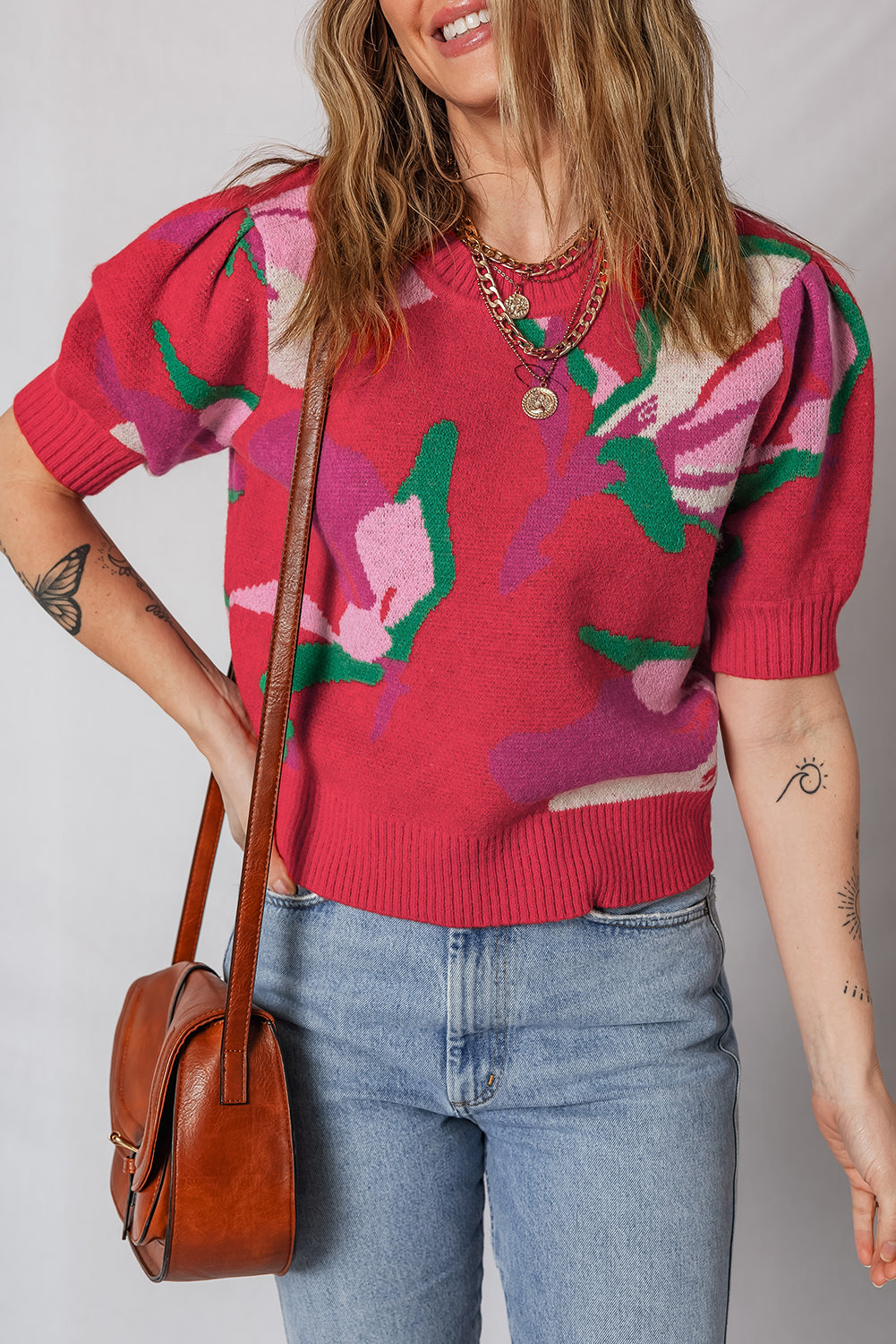 Abstract Print Floral Print Short Puff Sleeve Knit Top