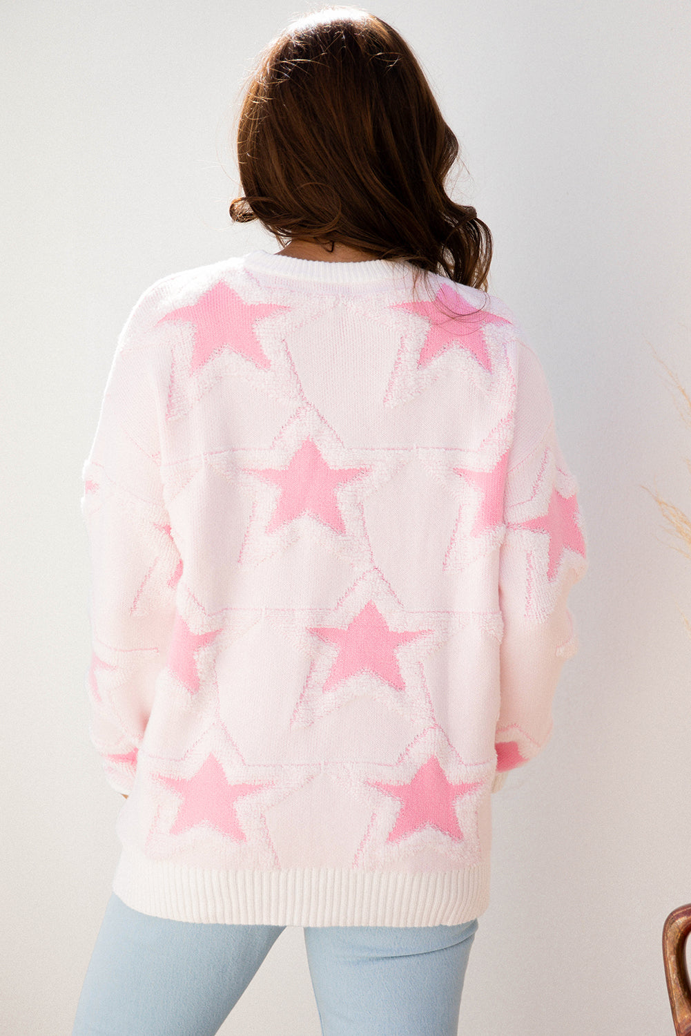 Roomy Cute Star Pattern Rib-Knit Edge Drop-Shoulder Knit Top