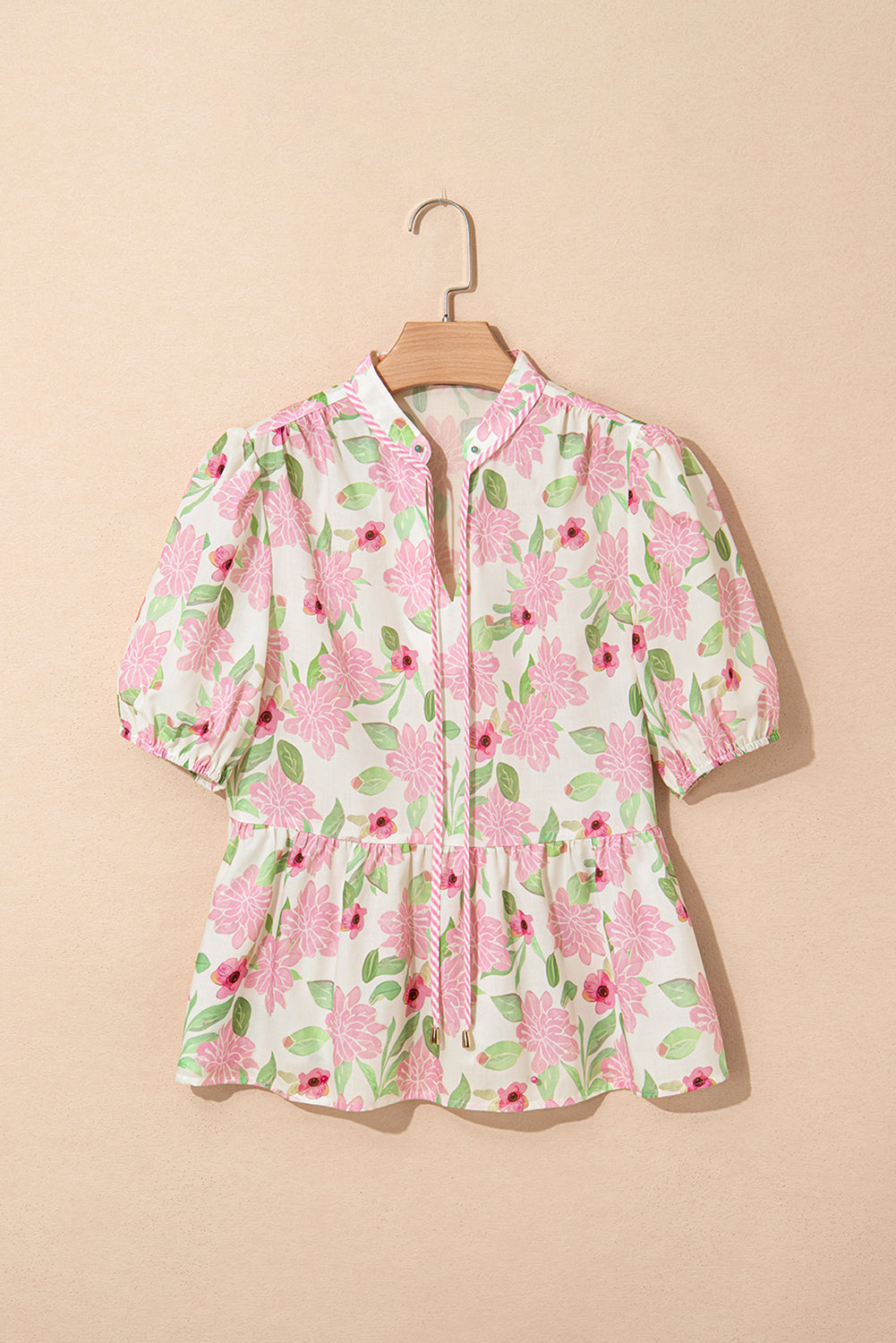 Floral-Print Drawcord V-Neck Peplum Blouse in Pink