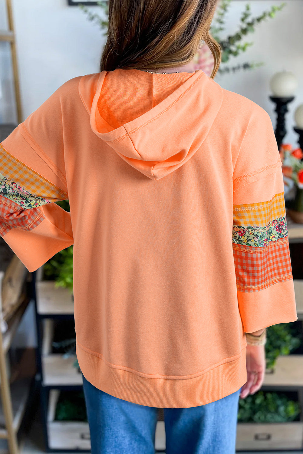 Plaid Floral Patchwork Kangaroo Pocket Hooded Long-Sleeved Top