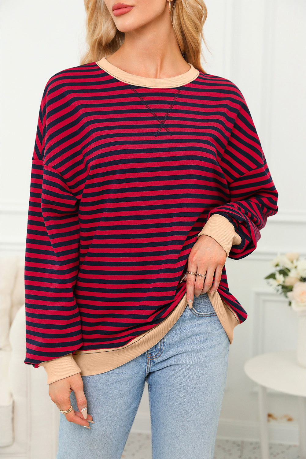 Trim Contrast Rib-Knit Crossed Stitch Drop-Shoulder Sweatshirt
