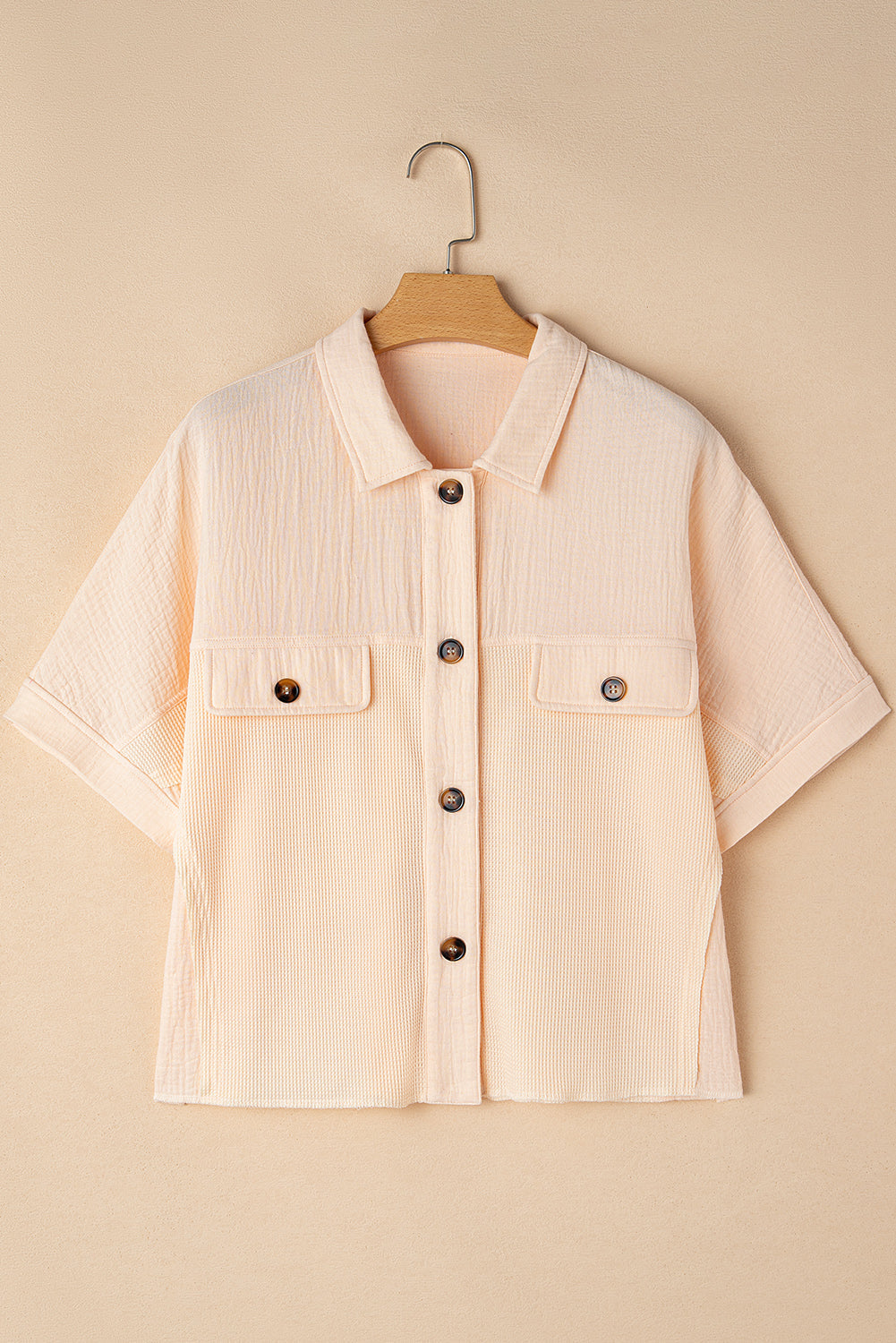 Waffle Splicing Short Batwing Sleeve Flap Detail Shirt