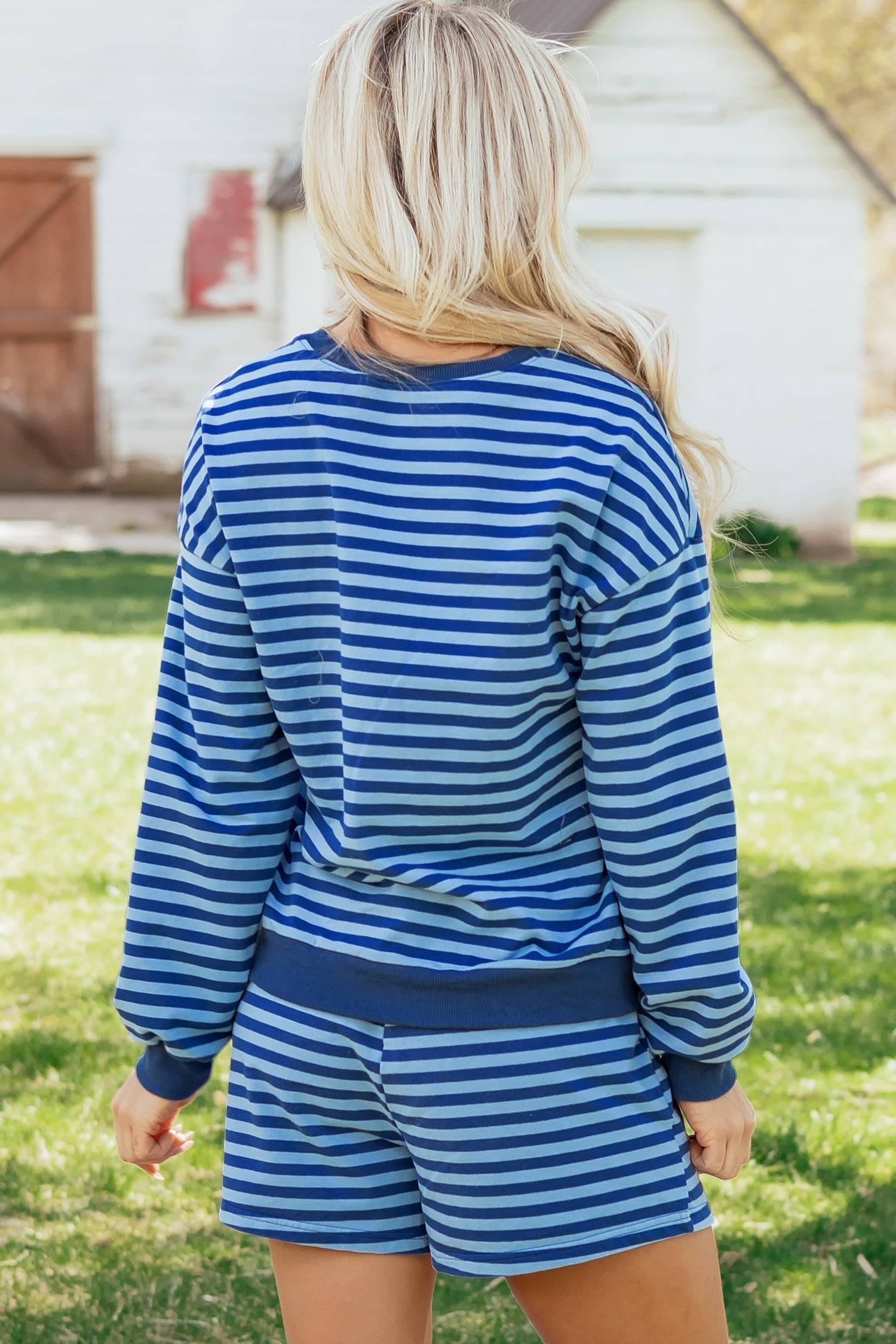Drop-Shoulder Long-Sleeved Stripe Long-Sleeved Pullover Elastic Waist Everyday Short Set in Blue