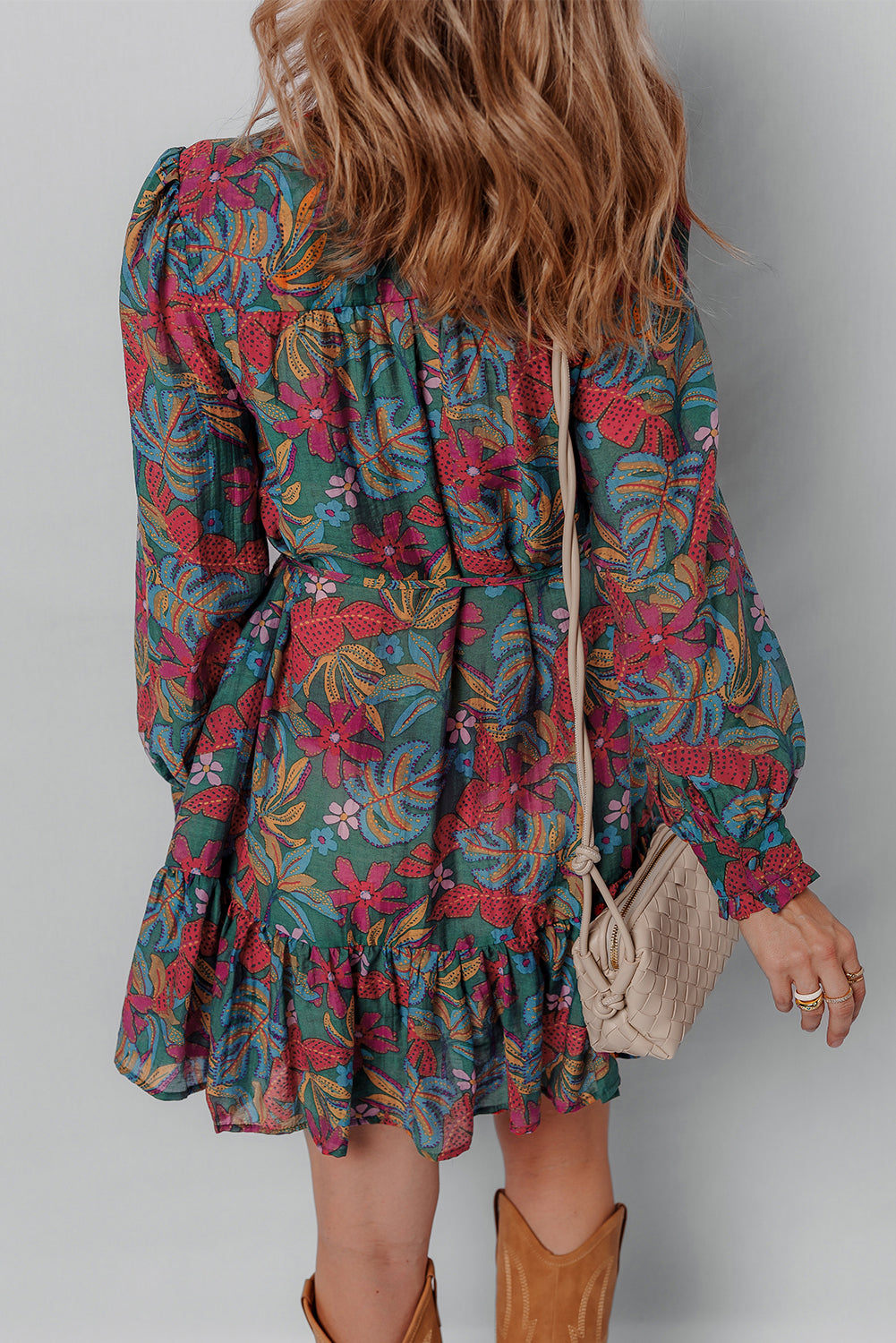 V-Neck Floral Friled Puff Sleeve Ruffled Shirt Dress