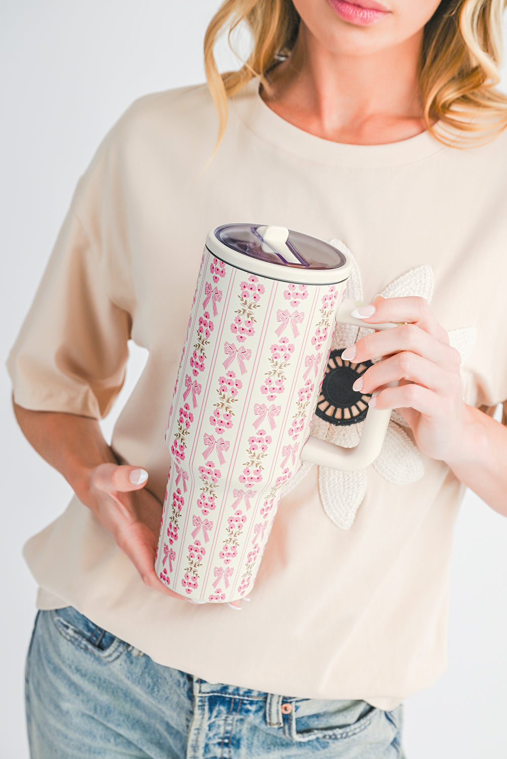 Sweet Print Bow Flower Straw Insert Tumbler Cup 40oz