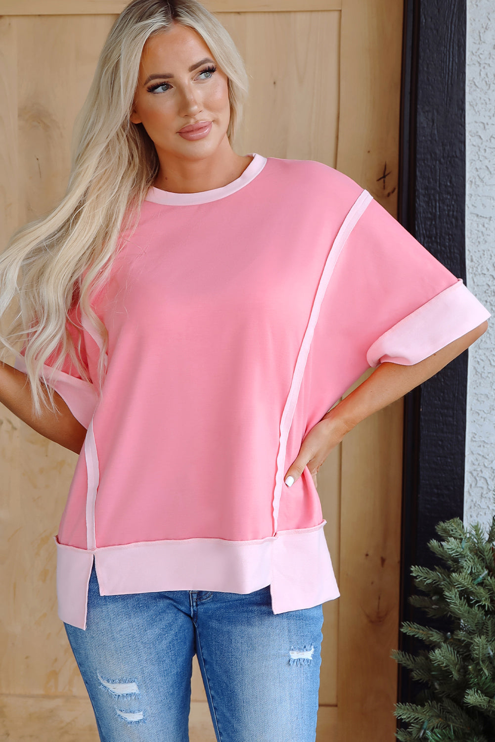 Pink Half Sleeve Raw Seam High Low Side Split Top