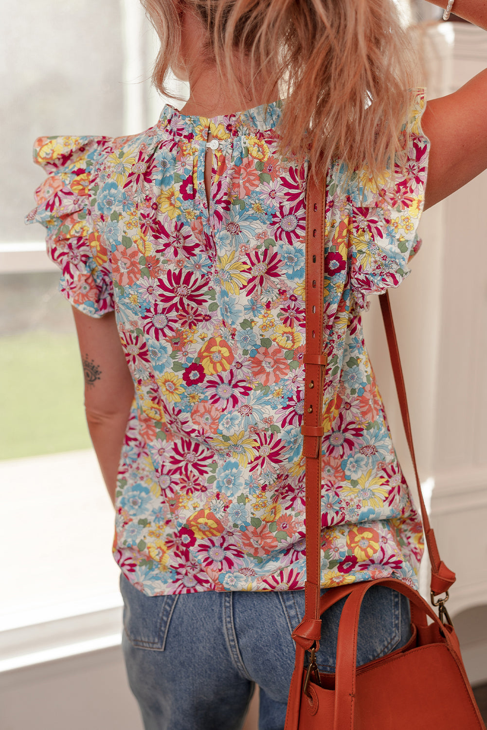 Detail Floral Pleated Flutter Sleeve Blouse