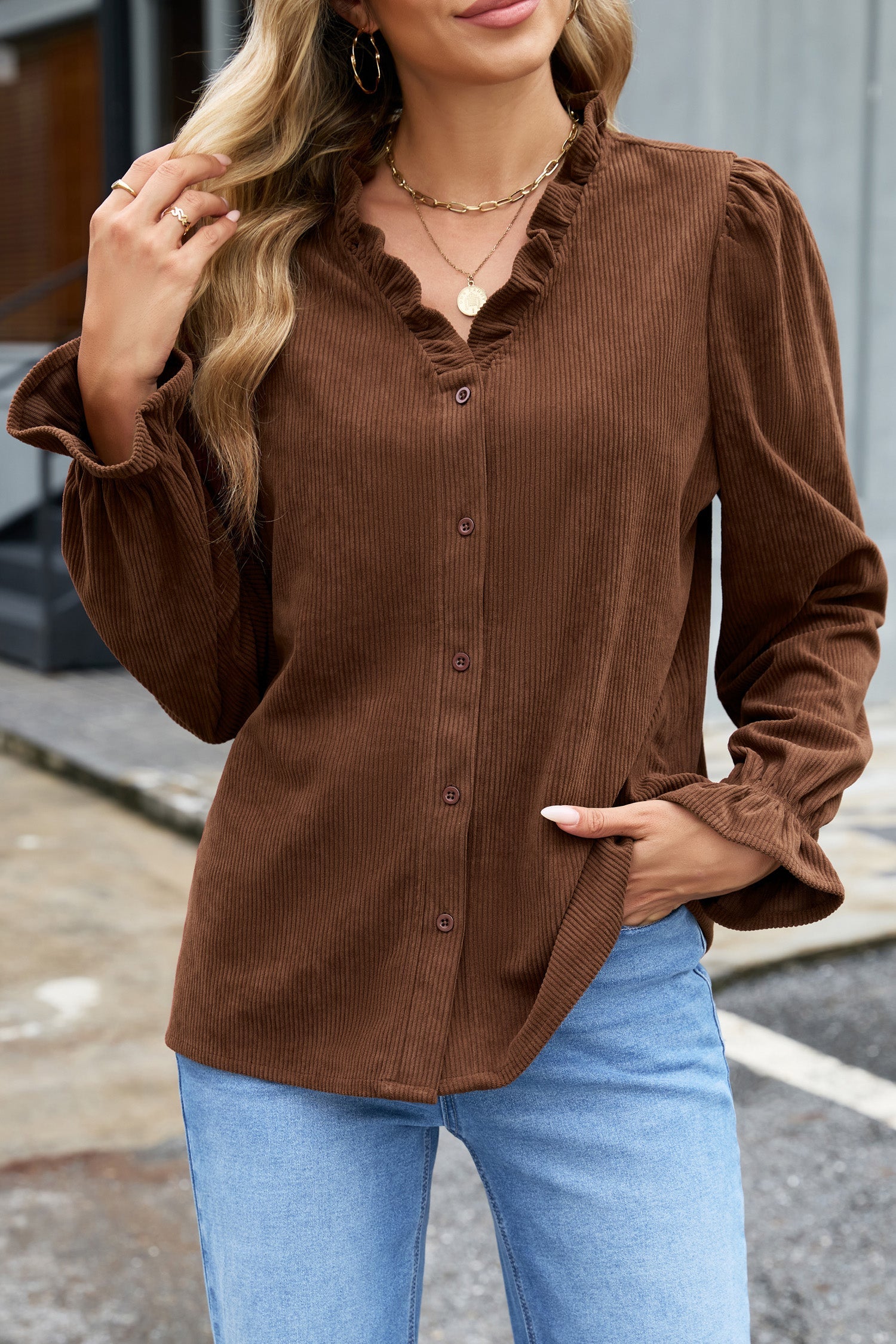 Long-Sleeved Coffee Solid Button Corduroy Shakcet