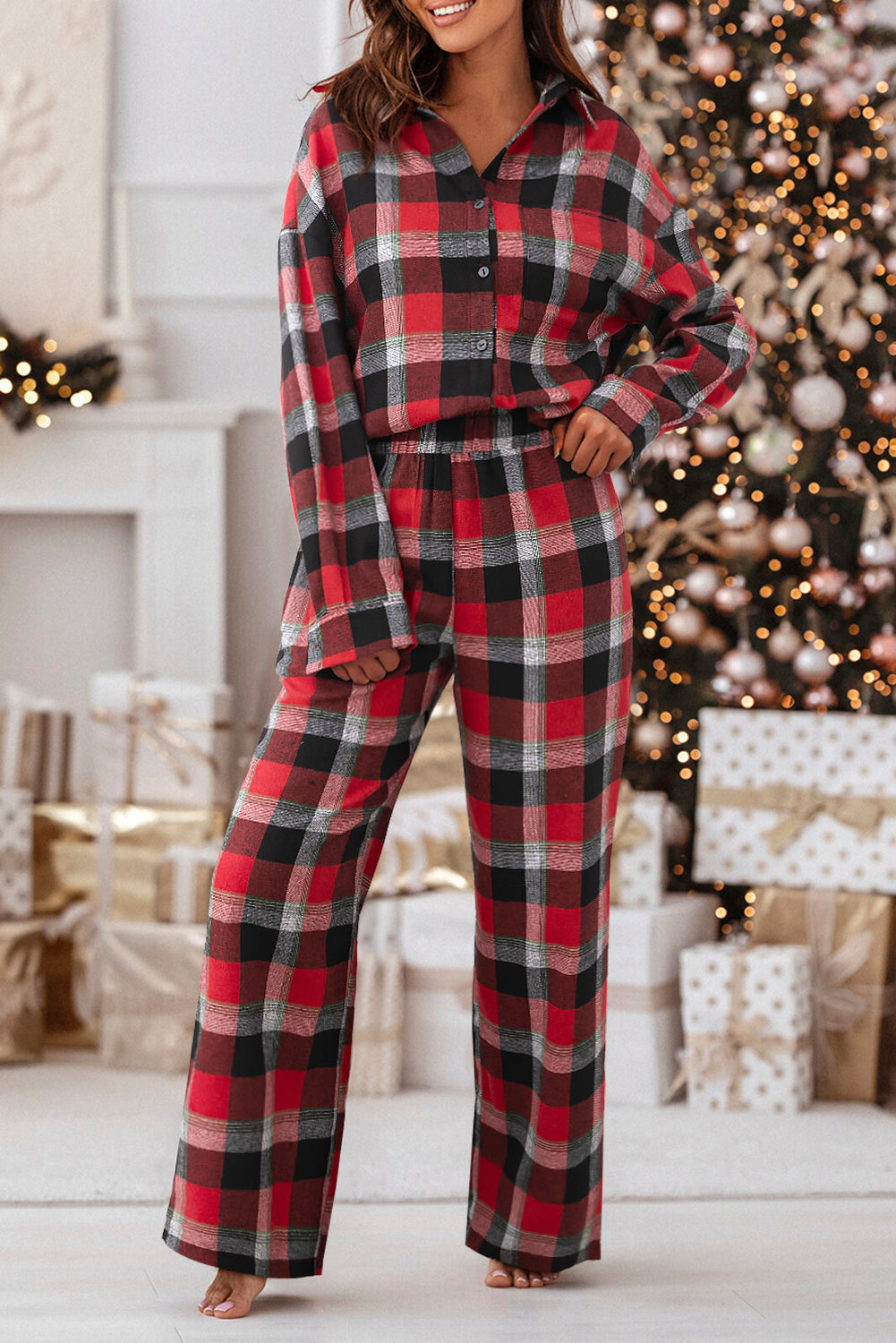 Checkered Pattern Christmas Pattern Loose Shirt and Pants Lounge Set