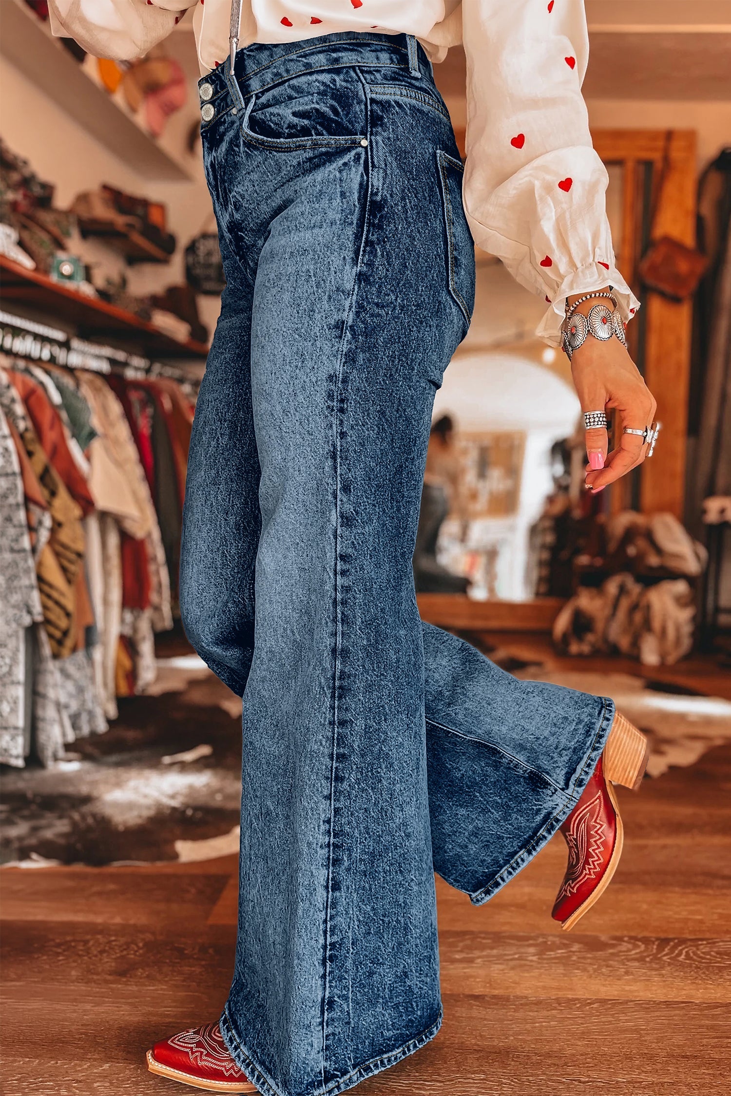 Acid Sail Blue Wash Pocket Detail Flare Jeans