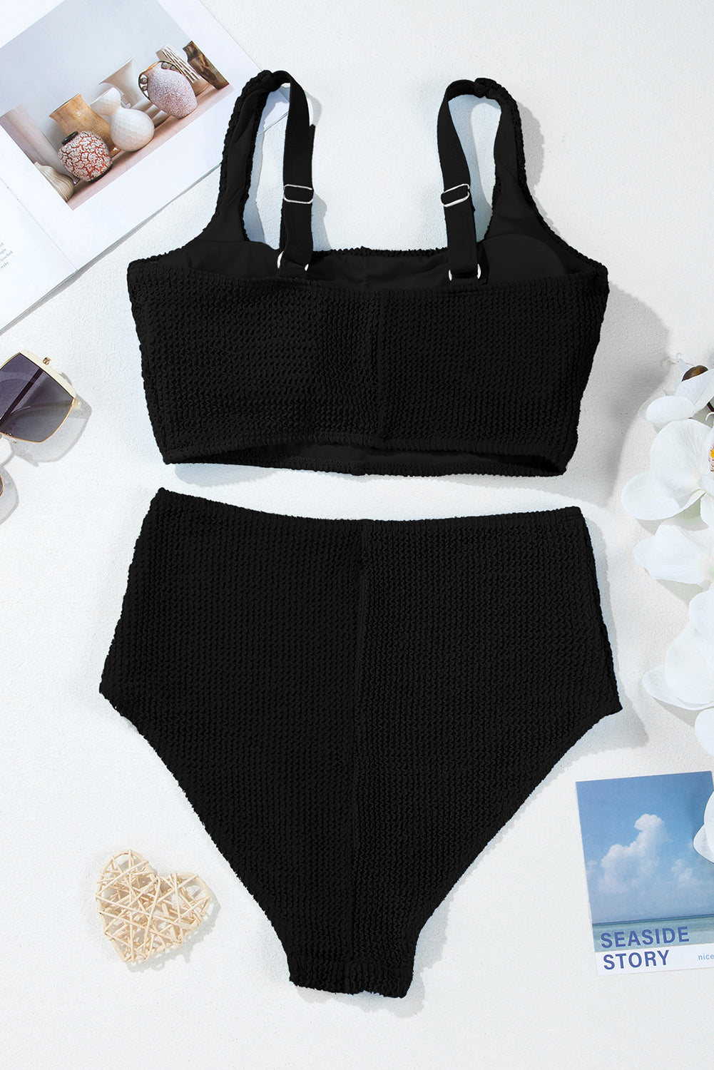 Corded Solid Square Neck Bikini Swimsuit in Black
