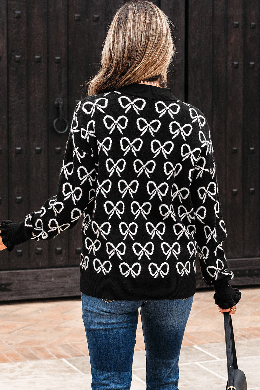 Bow Pattern Cute Pattern Drop-Shoulder Zip Collar Knit Top