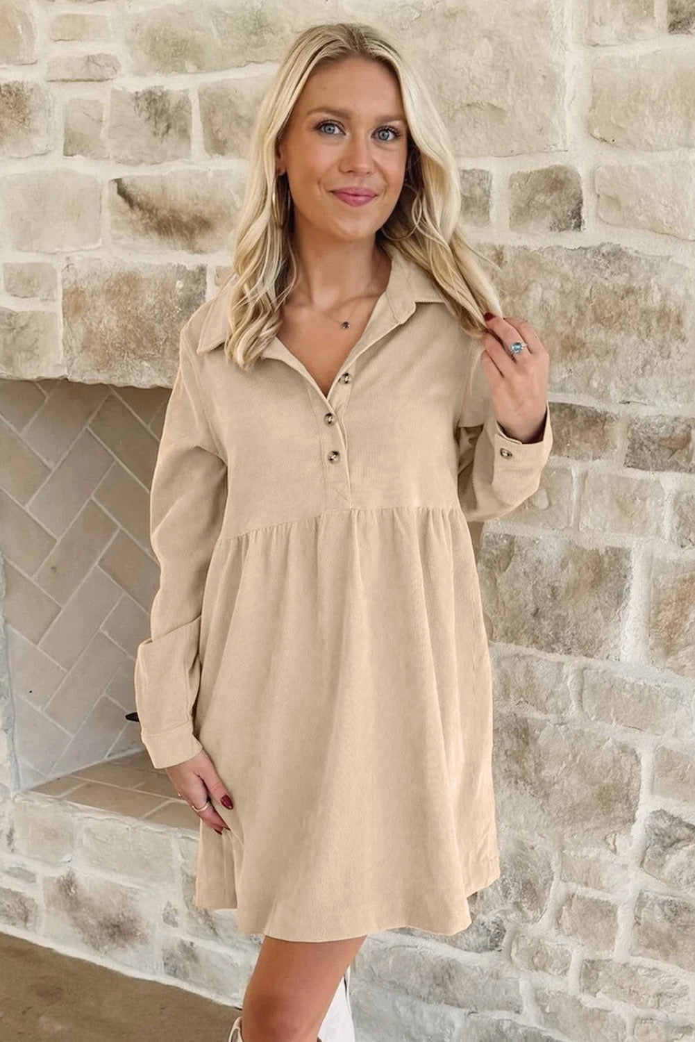 Button Corduroy Half Collared Long-Sleeved Mini Dress