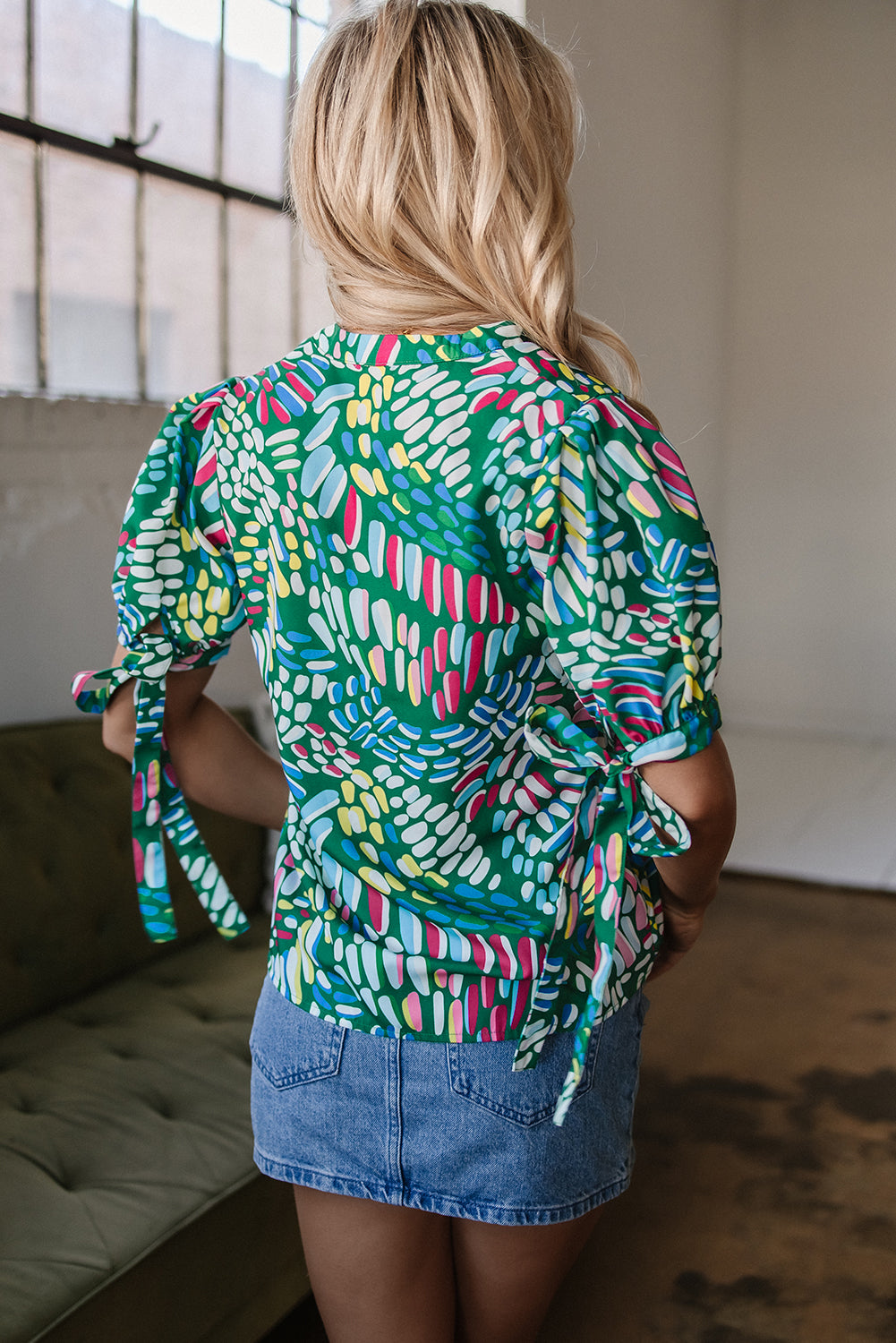 Brushwork Geometric Print Puff Sleeve Notched Neck Blouse