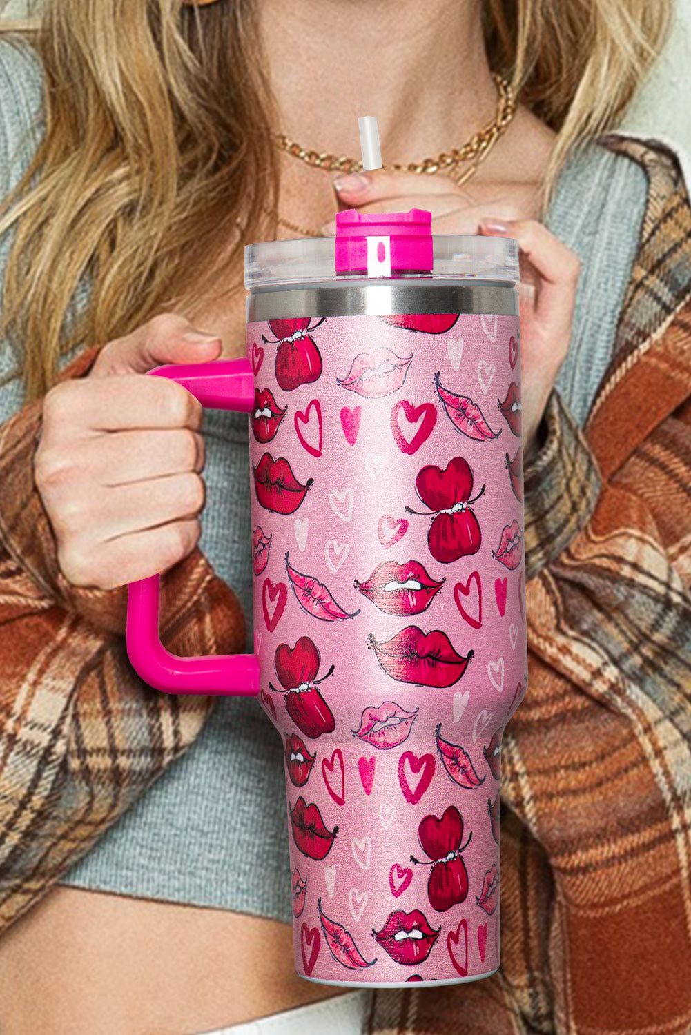 and Valentines Hearts Kisses Print Thermos Cup 40oz