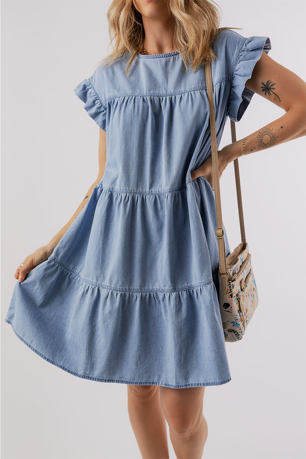 Women's Dress Featuring Ruffle-Trimmed Layered A-line Denim